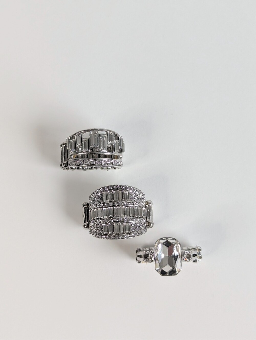 Vintage Silver Rhinestone Stretch Ring Lot Crystal Baguette Statement Pack 3pc - Picture 2 of 14